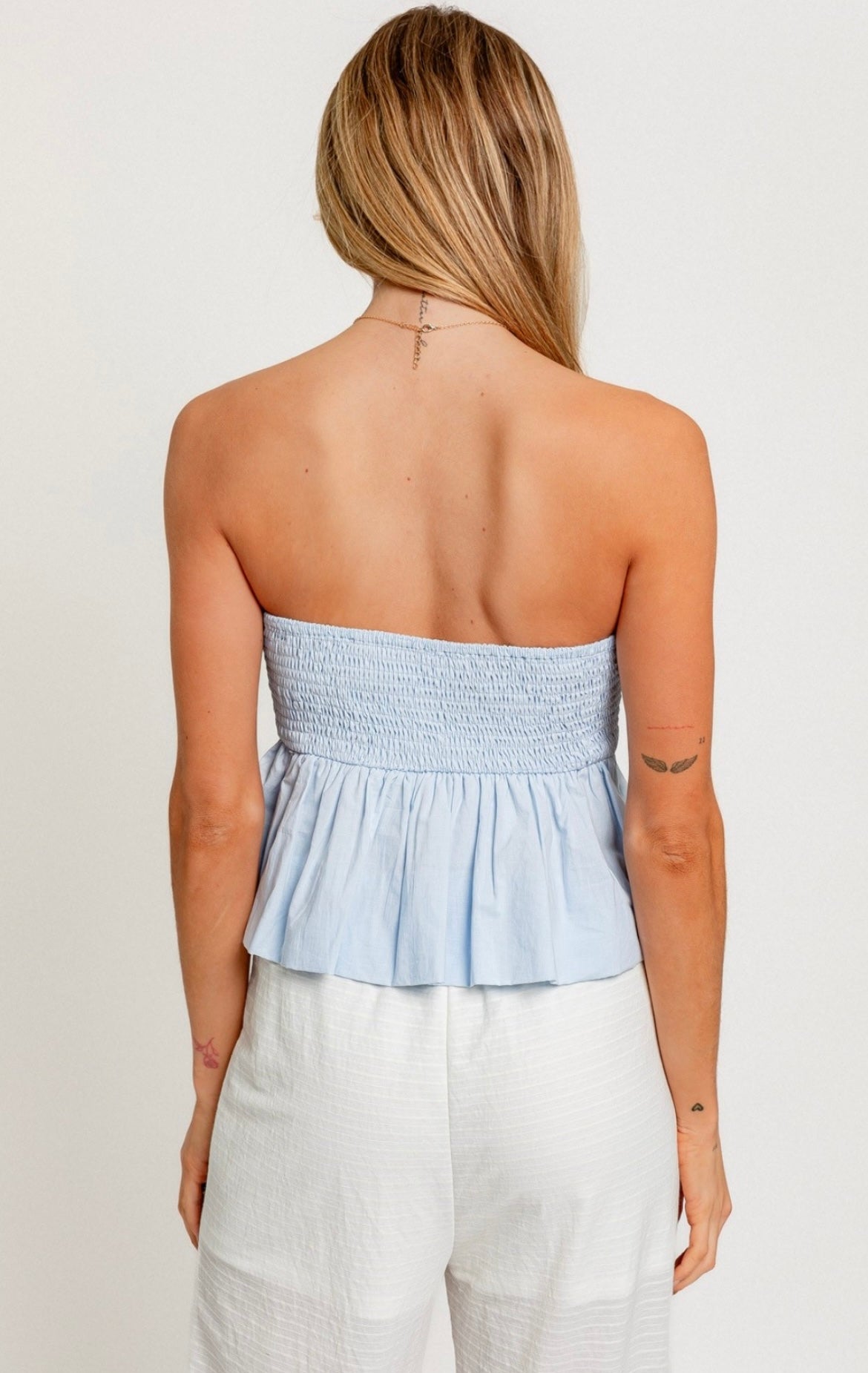 strapless smocked bubble top